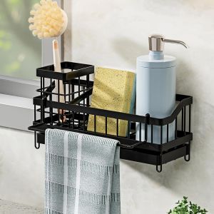 Eryi-Rangement Evier Cuisine,Porte Eponge Evier Cuisine Mural Avec Bac Vidange,Organiseur Pour Évier Avec Porte-Serviettes,Panier D'évier De Cuisine Suspendu Ou Posé Sur Le Plan De Travail (Noir) - Neuf