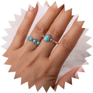 Kahfl-Bague Turquoise Vintage Bague Turquoise Argent Bague Turquoise Bleu Bague Turquoise Ovale Bague Turquoise Pierre Bague Turquoise Pierre Précieuse Bague Empilable Bijoux Pour Femmes 2pcs - Neuf
