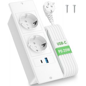 SEPT-Prise Encastrable Plan de Travail USB C PD20W, Bloc Prise Escamotable Plan de Travail Cuisine, Multiprise Encastrable de Table pour Cuisines Bureaux Salle de R&eacute;union, 1.8M C&acirc;ble, Blanc - Neuf