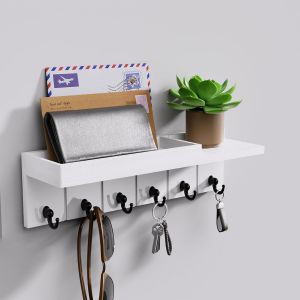 Cauc-Porte-Cl&eacute;s Mural En Bois Avec 6 Crochets, &Eacute;tag&egrave;re De Rangement Pour Courrier, T&eacute;l&eacute;phone, Petite D&eacute;coration, Id&eacute;al Pour L'entr&eacute;e, Le Bureau Et Le Couloir - Neuf