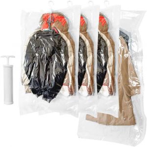 Lot de 4 housses de rangement sous vide transparentes et réutilisables pour vêtements avec pompe manuelle pour costumes, robes, manteaux ou vestes - Neuf