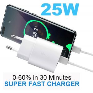 Chargeur Usb C 25w, Super Fast Charger Avec C&acirc;ble De Charge Rapide, Adaptateur De Type C Pour Samsung Galaxy S25/S24/S23/S22/S21 Ultra/S21fe/S20 Plus/Note20/S10/S9/A70/A55/A54/A53/A34/A15/M52/M51 - Neuf