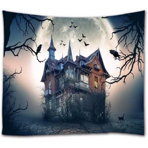 Tapisserie murale 150 x 200 cm, motif corbeau, maison hantée, chauve-souris volant dans le ciel sombre autour de la lune, décoration gothique pour Halloween, vacances, couvre-lit - Neuf