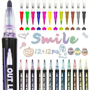 Marqueurs De Contours Stylos &Agrave; Paillettes Magiques 24 Couleurs Double Ligne Magique Pour La Peinture Glitter Filles Carte-Cadeau Stylo Scrapbooking Artisanat Cadeaux 6-14ans - Neuf