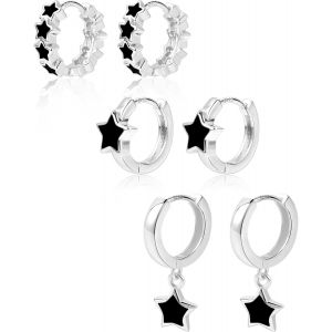 3 Paires Boucles D'oreilles Argent 925 Femme Coeur Noir 14 Or Plaque Anneaux.[X783] - Neuf
