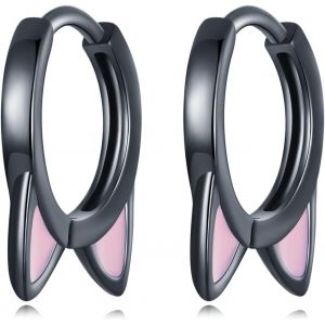Chenquansarl-Boucles D'oreilles Créoles Noires À Tige En Argent 925 Pour Femme - Boucles D'oreilles Petit Chat Hypoallergénique Creole Boucles D'oreilles Noires Huggies Pour Filles - Neuf