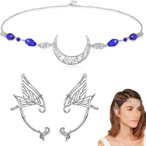 Kales-Chaîne De Tête De Lune Boheme,Bijoux De Tete Vintage,Oreille Elfe Boucles D'oreilles Pour Femme Fille,Bijoux Cheveux Pour Halloween Fête Cosplay Mariage Costume Elfe - Neuf