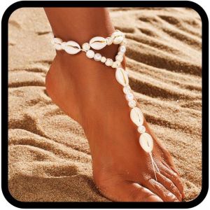 Bracelet De Cheville Bohème En Perles Blanches Avec Coquillages Et Sandales Pieds Nus Pour Femme, Taille Unique, Perles, Coquillage, Pas De Gemme - Neuf