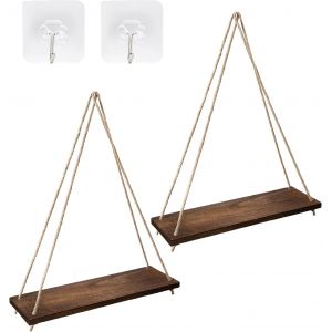 2pcs Etagere Murale Bois, &Eacute;tag&egrave;res &agrave; Corde en Bois &Eacute;tag&egrave;re, Etagere Suspendue Decoration Boheme, &Eacute;tag&egrave;re Suspendue Corde 2 Tier - Neuf