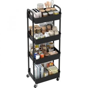 Chariot de Cuisine Noir &agrave; 4 Niveaux avec Poign&eacute;e Desserte de Rangement Mobile &agrave; Roulettes pour Salle de Bain et Bureau - Neuf