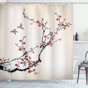 Rideau de douche nature, oiseaux artistiques, tissu décoratif de salle de bain avec crochets, 180 cm x 180 cm pêche - Neuf
