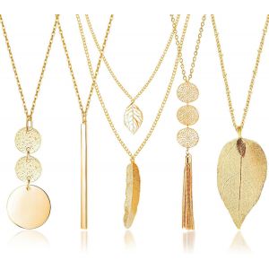 Kal-5 Pi&egrave;ces Cha&icirc;ne De Bijoux De Mode,Bijoux De Collier Pendentif De Mode,Colliers De Pull Longs,Ensemble De Bijoux Collier En Y De Gland De Serrure De Feuille Cercle De Plumes,Longue Cha&icirc;ne En Or - Neuf