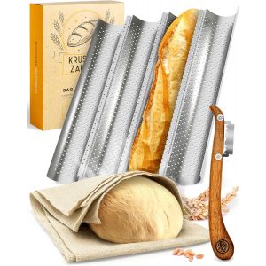 Moule à baguette antiadhésif avec toile de boulangerie et couteau de boulangerie ¿ 4 plaques de cuisson pour baguettes ¿ Idéal comme plaque à baguettes, moule à pain, moule à baguette, - Neuf