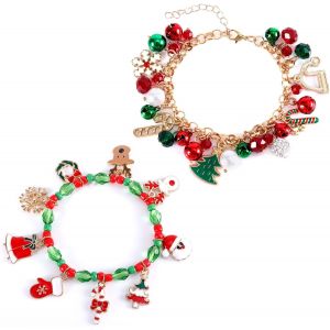 2pcs Bracelets Noël,Bracelet Perles Cristal En Boule Diamant Et Bracelet Perles Riz Bracelets Perles Extensibles Noël Bracelet Noël Femme Cadeaux Parfaits Pour Les Fêtes Noël Pour Femmes - Neuf