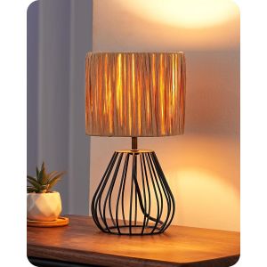 Kal-Lampe De Chevet Vintage, Boho Abat-Jour En Papier Raphia Et Base Cage En Fer, E14 Led Ampoule Incluse, Lumière De 2700k Blanc Chaud, Lampe De Table Industriel Pour Chambre, Salon, Bureau - Neuf