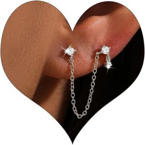 Kal-Boucles D'oreilles Pendantes Pour Femmes En Argent 925 Avec Cha&icirc;ne Zircon Cubique Boucles D'oreilles Avec Cha&icirc;ne Pendante Boucles D'oreilles Double Trou Hypoallerg&eacute;nique - Neuf