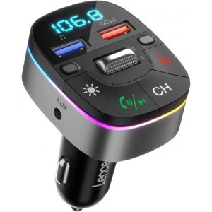 Loc-Transmetteur Fm Bluetooth Voiture 5,0,Allume Cigare Chargeur De Voiture Qc3,0,Adaptateur De Musique Radio Aux,Double Micro Et Son De Basse,Appels Mains Libres,Siri Et Google Assistant - Neuf