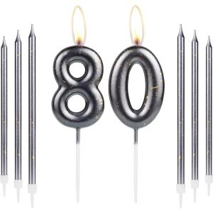 Bougies Longues Noires Et Dorées En Forme De Chiffre 80 Pour Décoration De Gâteau D'anniversaire De Mariage-Pour Homme Et Femme-Pour Fête D'anniversaire,Anniversaire De Mariage - Neuf