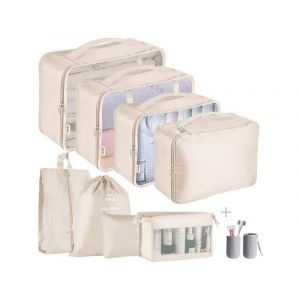 Ensemble de 8 sacs de rangement de voyage avec gobelet pour brosse &agrave; dents - Beige - Neuf