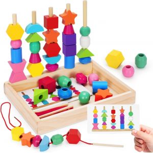 JGD-Jouets &eacute;veil Montessori Bois, 2 en 1 P&eacute;dagogique Empilable Jouet Y Enfiler Jouet Jeux D'activit&eacute; et de D&eacute;veloppement Empiler et de Tri, Educatif Jeu pour Enfant (Vert) - Neuf
