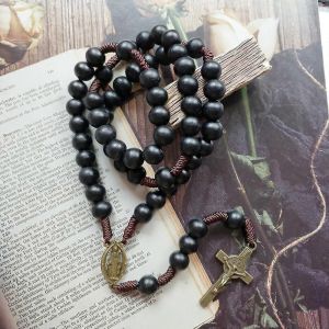 Diyalo Noir Perles Bois Chaîne Chapelet Couleur Bronze Stbenedict Exorcisme Médaille Catholique Crucifixion Croix Rosaire Collier Bijoux - Neuf