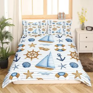 Housse De Couette Nautique Homewish Pour Enfants Et Adolescents, Parure De Lit Double, Motif Ancre De Bateau, Voile, Gouvernail, Housse De Couette Blanche À Rayures Bl - Neuf