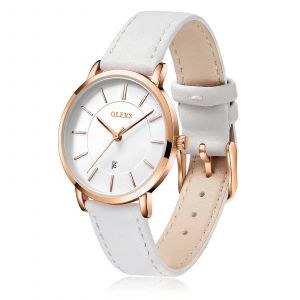 Montre Pour Femme Analogique A Quartz Ultra-Mince Avec Bracelet En Cuir Blanc Et Date - Neuf