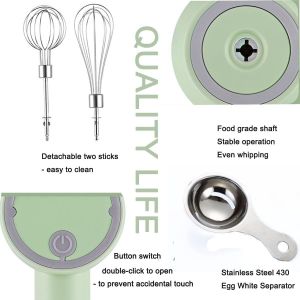 Batteur &Agrave; Main, M&eacute;langeur &Eacute;lectrique Portable Sans Fil, Rechargeable Par Usb &Agrave; 3 Vitesses, Avec Deux Fouets Et S&eacute;parateur D'?ufs Pour Beurre, Cr&egrave;me, Cuisine Et Cuisine (Vert) - Neuf