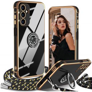 TRAHOO-Coque avec Cordon pour Samsung Galaxy S25 5G, avec Anneau de Support Coeur, &Eacute;tui Housse Antichoc Souple Silicone TPU Bumper Portable Protection Case avec Amovible Collier, Noir - Neuf