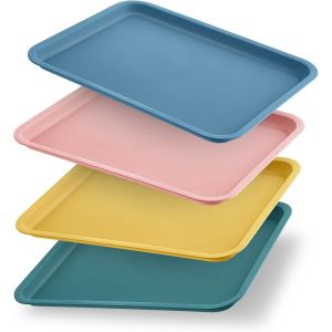 Checarzhn--No1-Lot De 4 Plateaux De Service En Plastique Empilables Multicolores Pour Boissons, Collations, Desserts, Assiettes Rectangulaires Réutilisables Pour Maison, Restaurant, Café - Neuf