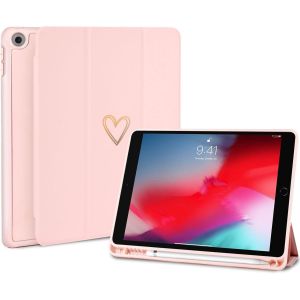 Kal-Étui Pour Ipad 10,2 Pouces, Ipad 9ème/8ème/7ème Génération 2021/2020/2019 Coque Avec Porte-Crayons, Femmes Filles Motif Coeur Étui Pour 9ème/8ème/7ème -Rose - Neuf