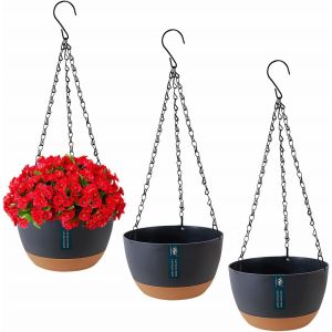 NouvelHorizonstore-Lot de 3 pots de fleurs suspendus avec trous de drainage et soucoupes, support de plantes &agrave; suspendre pour int&eacute;rieur et ext&eacute;rieur, panier suspendu pour plantes et fleurs (gris fonc - Neuf