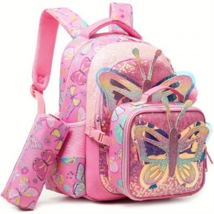 Cartable Fille Primaire 3 en 1 &ndash; Papillon, Chat ou Sir&egrave;ne, Style Mignon - Neuf