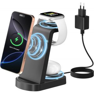 Chargeur Induction,Station De Charge Sans Fil 3 En 1 (Avec Adaptateur 18W) Station De Charge Compatible Avec Iphone 16/15/14/13/12 Pro/Promax,Apple Watch Ultra/10/9/8/7/6/5/4/Se,Ai[GYC960866] - Neuf
