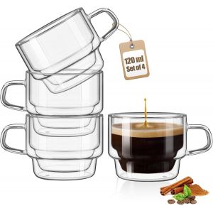 Empilable Tasse &Agrave; Expresso 120 Ml Tasse &Agrave; Caf&eacute; Double Paroi Verre &Agrave; Th&eacute; Avec Poign&eacute;e Lot De 4 Tasse En Verre Pour Th&eacute;, Lait, Jus, Cadeaux Saint Valentin D'anniversaire Pour Couples Parents - Neuf