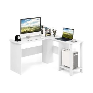 Bureau d'angle en forme de L 130 x 130 x 74 cm 2 &eacute;tag&egrave;res rangement modulable d&eacute;coratif en bois blanc Helloshop26 20_0010845 - Neuf