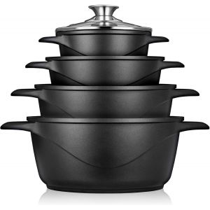 JEXNOVASHOP-Batterie de Cuisine Induction 8 Pi&egrave;ces, Ensemble de 4 Casseroles en Fonte d'Aluminium, Antiadh&eacute;sive ILAG GRANITEC sans PFOA, Couvercles en Verre, Gants en Silicone, Tout Feux et Four, MGK - Neuf