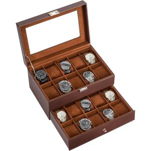 Kal-Boite A Montre &Agrave; 2 Niveaux, 20 Emplacements Avec Coussins Pour Montres, Avec Couvercle En Verre, Pour Passionn&eacute; D`Horlogerie -Marron - Neuf