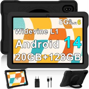KALWS-Tablette Enfants Android 14 10 Pouces,20Go Ram+128Go Rom(Tf 2To),8-Core,Widevine L1,5G Wifi 6,6000Mah,Bt5.0,1280 * 800Hd,Éducative Apps Pré-Installé,Contrôle Parental Tablette Avec Eva Cas-Noir - Neuf