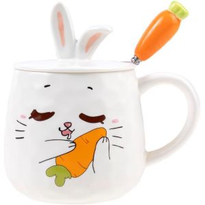Eryi-- Tasse Lapin Amoureux - Collection Lapin - Couvercle Oreilles De Lapin Et Cuillère Carotte - Porcelaine Et Métal - 425 Ml - Café, Thé, Chocolat, Cappuccino - Idée Cadeau Originale - Neuf
