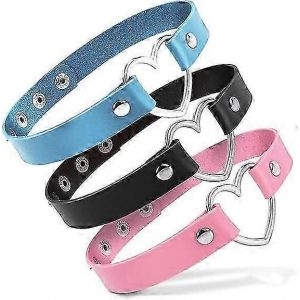 3pcs Coeur Forme Réglable En Cuir Ras De Cou Punk Pu Collier Goth Choker Collier Doux Tour De Cou Collier Gothique Tour De Cou - Neuf