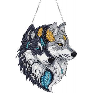 Oayew-Loup Diamond Painting Pendentif, 5d Diy Pendentif De Peinture Au Diamant, Diamant Painting Animal, Kit De Suspension Murale Pour Fenêtre, Mur Entrée Et Jardin 20x20 Cm - Neuf