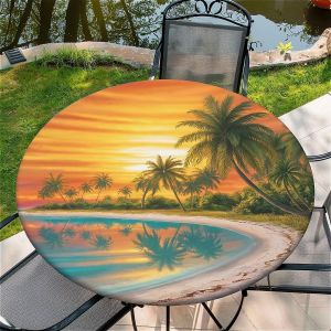 SJZG-Nappe Ronde D'Ext&eacute;rieur Avec &Eacute;lastique 44In(110Cm)- Nappe De Jardin &Eacute;lastique Motif Coucher De Soleil Sur La Plage Convient Aux Tables De 96 &Agrave; 105 Cm De Large - Neuf