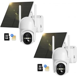 4G Lte Wireless Outdoor Surveillance Camera ¿2 Pieces¿, 2K Solar Camera With Sim Card & 32Gb Memory Card, 360° Ptz, 30M Night Vision Colour, Pir Detection, Two-Way Audio, Ip66 - Neuf
