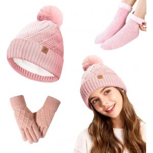 Ensemble Hiver Polaire Bonnet Tricot&eacute; Gants Chaussettes Neige Bonnet Tricot&eacute; Avec Pompon Rose Bordure Fourrure Renard, Cache-Cou Pour Plus Chaleur - Neuf