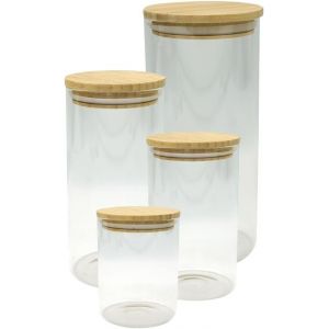 9980350 Set De 4 Boîtes De Conservation En Verre Avec Couvercles Hermétiques En Bambou,Boîte Alimentaire,Boîte En Verre,Verre,Bambou,Transparent,De 13 À 28 Cm De Hauteur/Ø10 Cm - Neuf