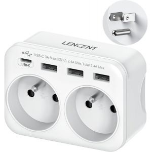 JGD-Adaptateur Prise USA Am&eacute;ricaine Canada, Prise Fran&ccedil;aise avec 3 Ports USB et 1 Port USB-C adapt&eacute; aux &Eacute;tats-Unis Mexique Tha&iuml;landeAdaptateur M&acirc;le USA Femelle France Type B - Neuf