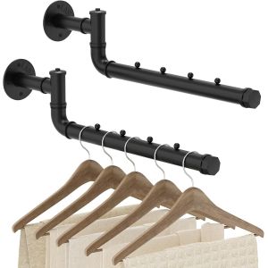 Porte-Serviettes Industriel, 40cm Tringle &agrave; V&ecirc;tement, Portant Mural Directionnelle R&eacute;glable 180&deg;, Amovible Barre de Penderie Murale pour Suspendre, Noir, 2 Pi&egrave;ces - Neuf