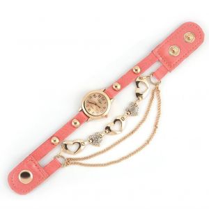 Femmes Quartz Pu Alliage Coeur Strass Cadran Rond Bracelet Cha&icirc;ne Montre (Rose) - Neuf