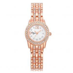 Disu Femmes Quartz Montre Alliage Cadran Circulaire Strass Acier Montre-Bracelet (Or Rose + Blanc) - Neuf
